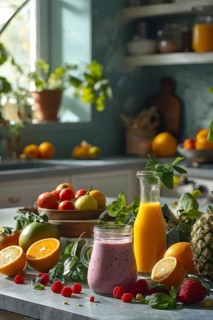 Smoothie surrounded by an assortment of fruits and vegetables, AI generated