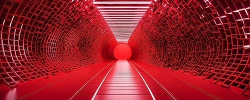 Abstract geometric pattern tunnel structure embodying data streams and communication in red hues,