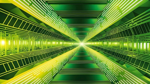 Abstract geometric pattern tunnel structure embodying data streams and communication in green hues,