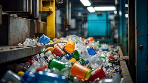 Plastic recycling process with shredded pet bottles and assorted plastic waste compressed, AI