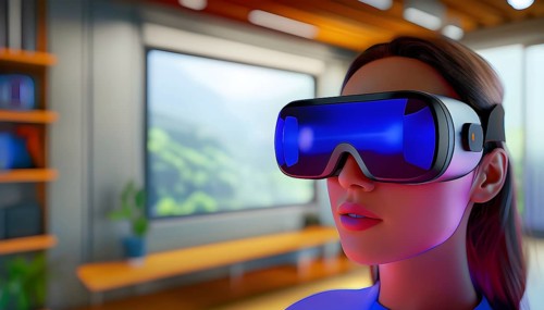 Three dimensional render of a woman wearing virtual reality glasses, AI generated