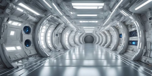 Three dimensional render of futuristic corridor inside a spaceship or space station, AI generated