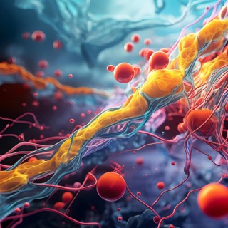 Three dimensional render of cholesterol in blood stream, AI generated