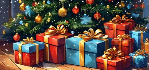 Abstract illustration of wrapped Christmas gifts, shiny ribbons and bows, stacked under a evergreen