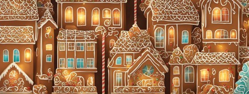 Abstract wallpaper illustration of of gingerbread house decoration, AI generated