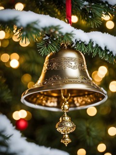 Vintage Christmas bell ornament hanging on a snow-dusted evergreen branch, capturing the intricate