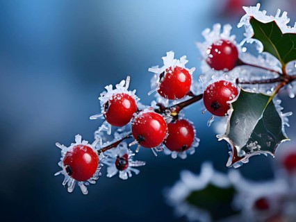 Frosty holly branch with vibrant red berries covered in delicate ice crystals, symbol for upcoming