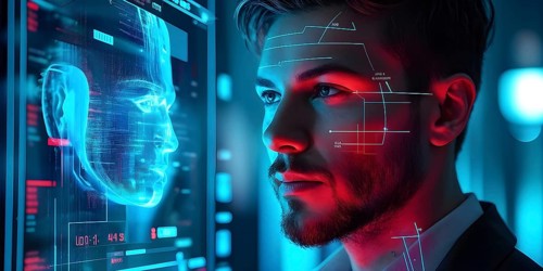 3d digital facial recognition displaying a male face with overlaid ai biometric data, AI generated