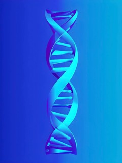 DNA double helix structure against gradient blue background, AI generated