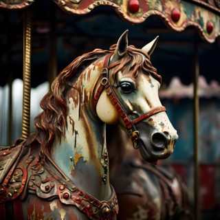 Carousel horse rusted and chipped paint embodying forgotten childhood dreams, AI generated
