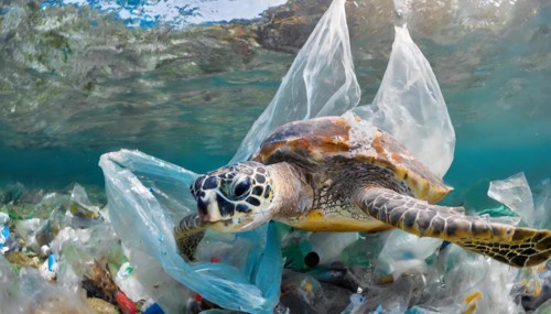 Symbolism, waste problem, plastic waste drifting in the sea and endangering animals, sea turtle,