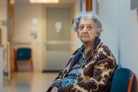 Back view of lonely elderly woman in retirement home. KI generiert, generiert, AI generated
