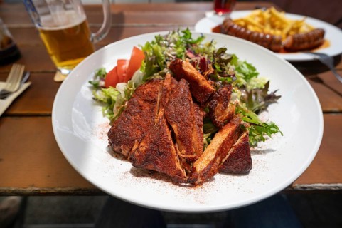 Salad with turkey strips served in a garden tart, Bavaria, Germany, Europe