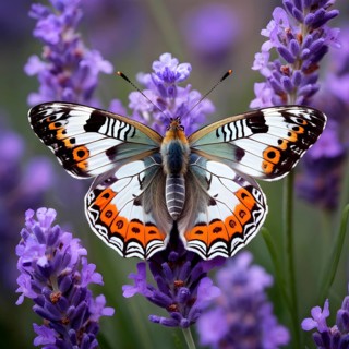 Butterfly resting on a blooming lavender plant, with its delicate wings fully spread and fine