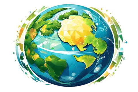 Illustration of a globe composed of triangular solar panels and swirling wind patterns, symbolizing