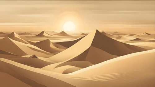 Abstract desert scene with triangular sand dunes and a single circular sun, using sharp lines and
