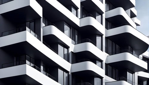 Rendering of a modern real estate apartment building in clean geometric forms in black and white,