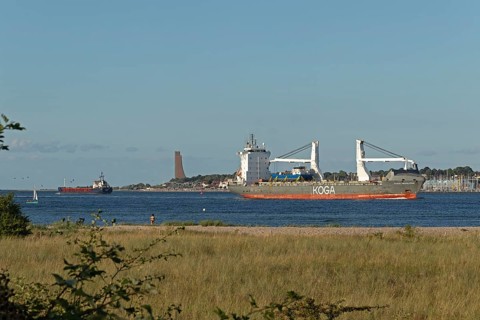 Cargo ships, sailing boat, naval memorial, Laboe, front beach, Friedrichsort, Kiel,