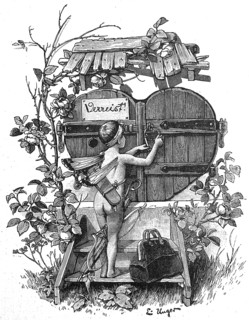 Symbolic for We are away on holiday, Boy with angel wings closes a heart-shaped shutter,