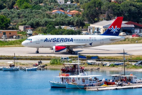 An Air Serbia Airbus A319 aircraft with the registration YU-APL at Skiathos Airport, Greece, Europe