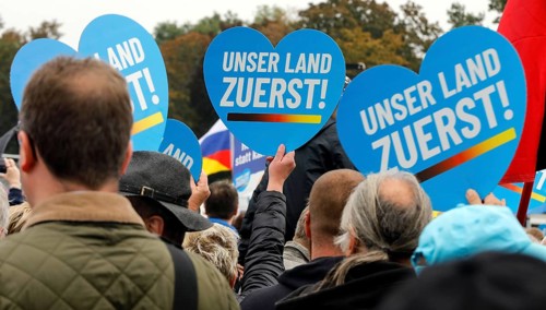 With the slogan Our country first, AfD supporters demonstrate against government policy in the