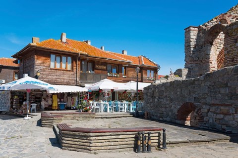 Traditional two-storey wooden house with restaurant and adjoining shops, Black Sea, Nesebar,