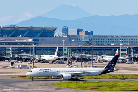 A Lufthansa Airbus A350-900 aircraft with the registration D-AIXJ at Tokyo Haneda Airport, Japan,