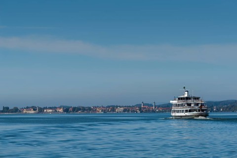 View of Lindau from Bregenz on Lake Constance, excursion boat, Bavaria, Germany, Europe