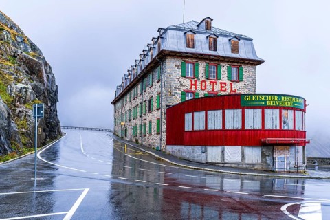 View of Hotel Belvedere at road to pass Furkapass, Kanton Wallis, Swiss Alps, Switzerland, Europe
