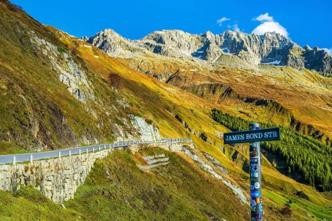 View of road James Bond Street to pass Furkapass, valley of Urserental, Kanton Uri, Swiss Alps,