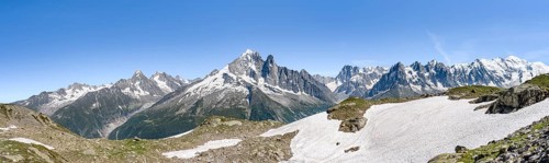 Panorama, Mountain landscape with mountain peak Aiguille Verte, Grandes Jorasses with glacier Mer
