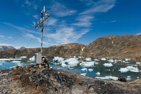 Icebergs, measuring station, Austrian polar station or polar research station Sermilik, Ammassalik