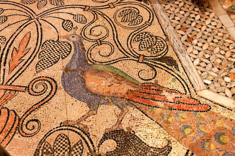 Floor mosaic with peacock in the Basilica di San Marco, St Mark's Basilica, Venice, Veneto, Italy,