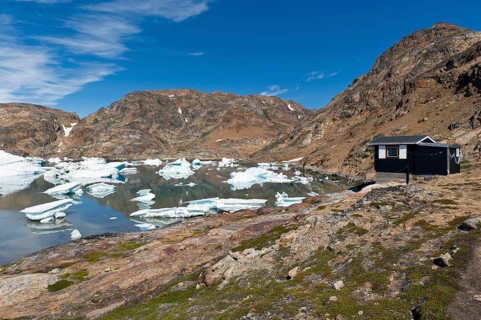 Icebergs, Austrian polar station or polar research station Sermilik, Ammassalik Island, East