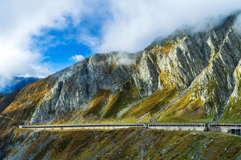 Road to pass Gotthardpass, view of gallery, Valley Leventina, Kanton Tessin, Swiss Alps,
