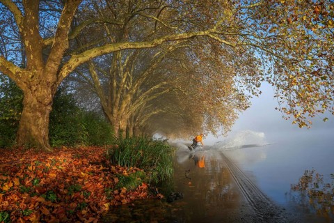 Essen, North Rhine-Westphalia, Germany, Golden autumn on Lake Baldeney. Wakeboarder in the morning