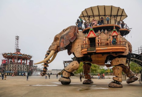 Tourist attraction The Great Elephant and Carrousel des Mondes Marins on the Ile de Nantes in the