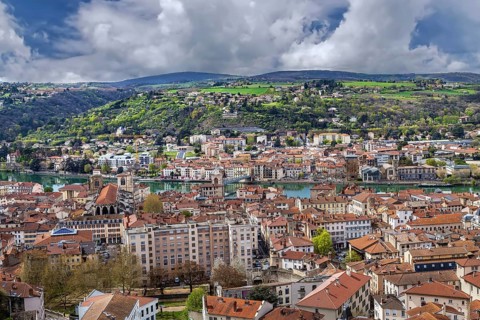 An aerial view of Vienne from hill of Pipet, France, Europe