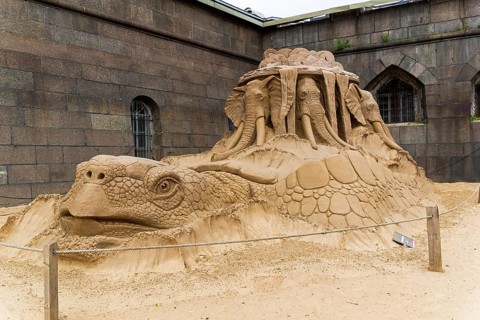 Saint Petersburg, Russia, June 13, 2019: The exhibition of sand sculptures at the Peter and Paul