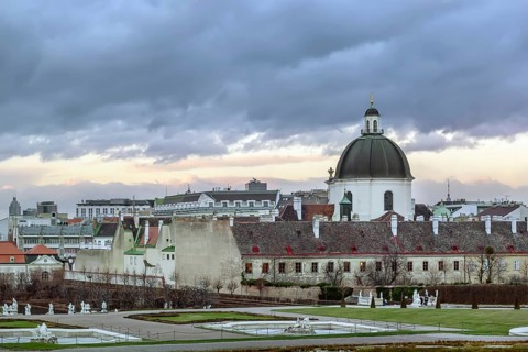 View of the Salesian Church from Belvedere palace garden, Vienna, Austria, Europe