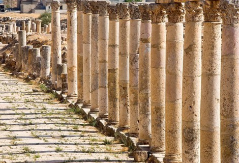 Ancient columns from Jerash Roman city in Jordan. This street is called the Cardo or Colonnaded