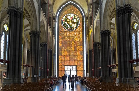 Lille, France, September 1, 2018: Central nave of the Basilica of Notre Dame de la Treille. Lille,