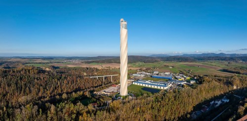 Aerial view, panorama from the 246 metre high TK-Elevator test tower of Thyssenkrupp AG, lift test