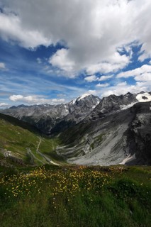 Panoramic view of mountains in summer, Stelvio pass, Stelvio National Park, Stelvio, South Tyrol,