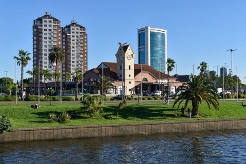 Railway station and skyline of Tigre with the channel of the Rio Lujan, recreational area at the