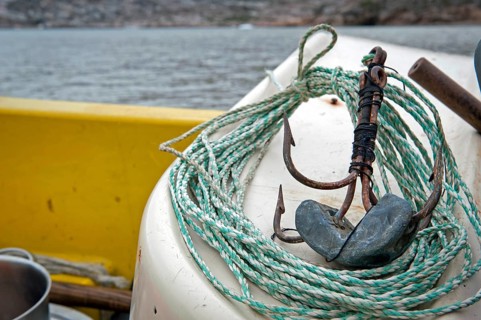 Fishing hook and line, Inuit hunter, near the Inuit settlement of Tiniteqilaaq or Tiilerilaaq,