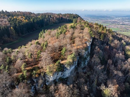 Aerial view of the Hangender Stein natural monument on the eastern edge of the 956 metre high