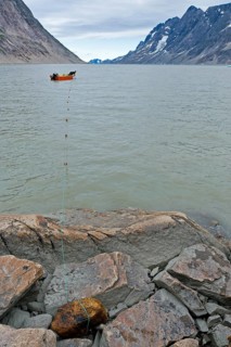 Inuit hunter sets net in fjord, near Inuit settlement Tiniteqilaaq or Greenlandic Tiilerilaaq,