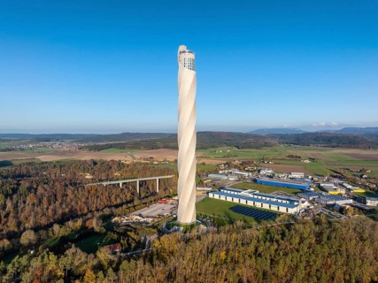Aerial view, panorama from the 246 metre high TK-Elevator test tower of Thyssenkrupp AG, lift test