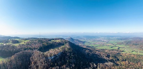 Aerial view, panorama of the Raichberg plateau on the Albtrauf and the witness mountain behind it